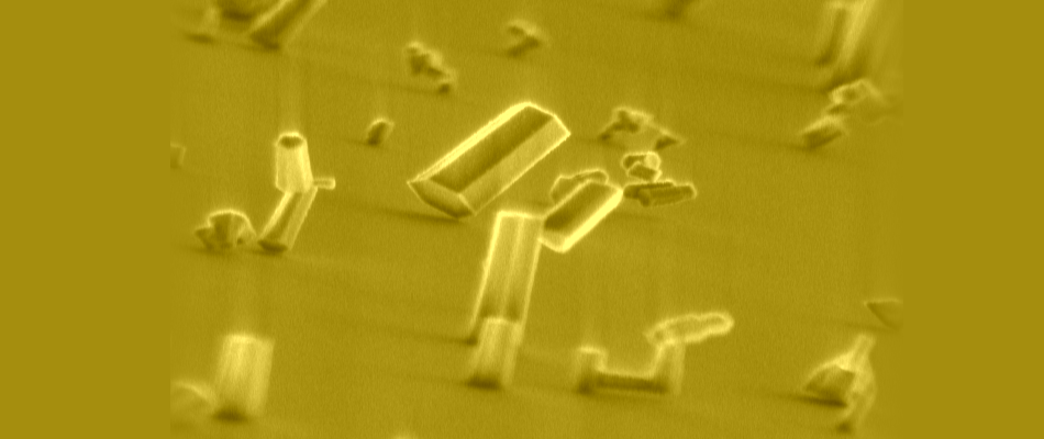 Zinc oxide nanocrystals sitting on the surface of silicon.